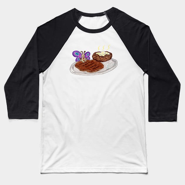 Butterfly Eating a Steak Dinner Baseball T-Shirt by ConidiArt